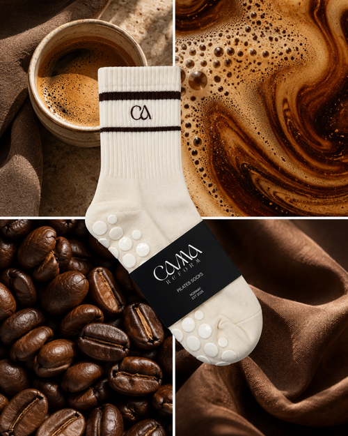 Espresso reformersokker fra Cama Reform med antiskli-grep, til pilates og yoga