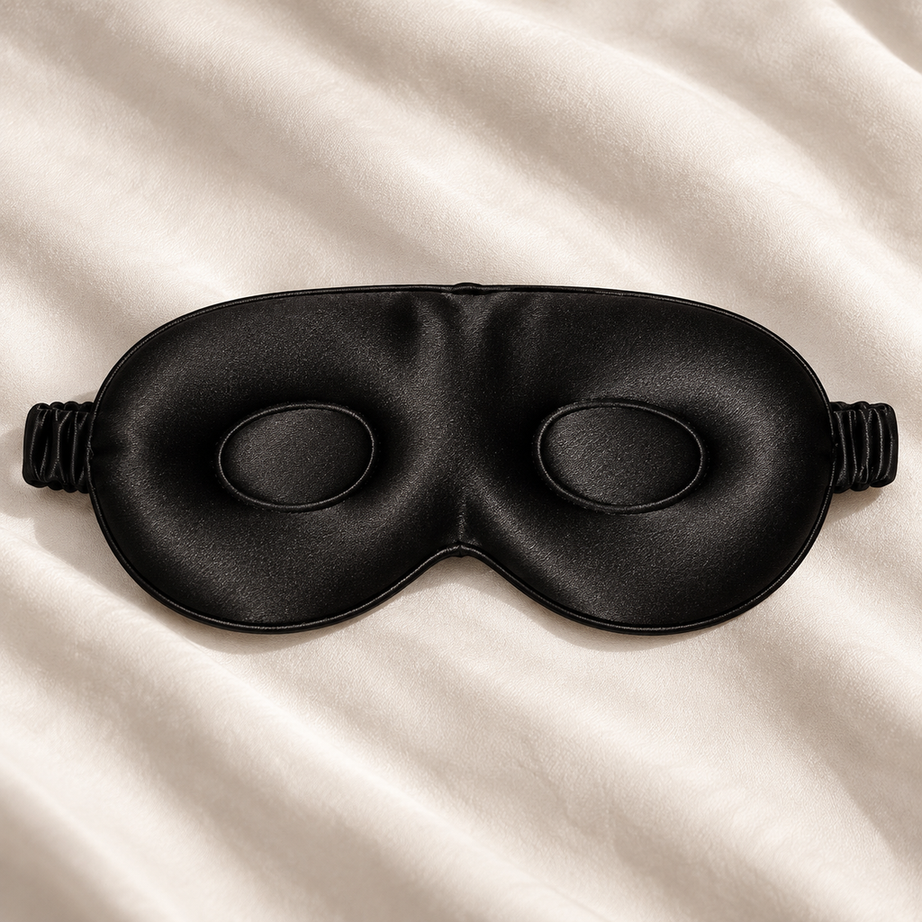 Sort 3D sovemaske i 6A mulberrysilke fra Cama Reform med formede øyekopper