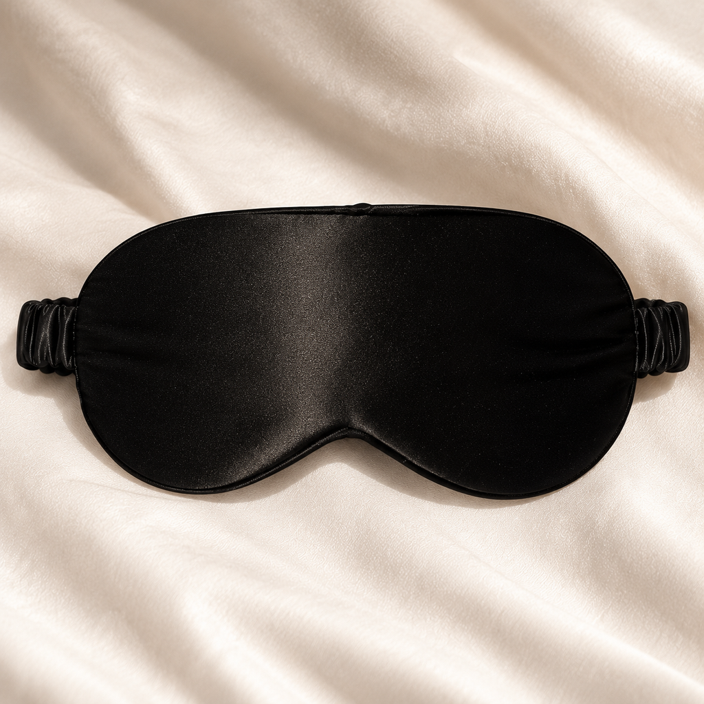 Sort 3D sovemaske i 6A mulberrysilke fra Cama Reform, liggende på beige silketekstil