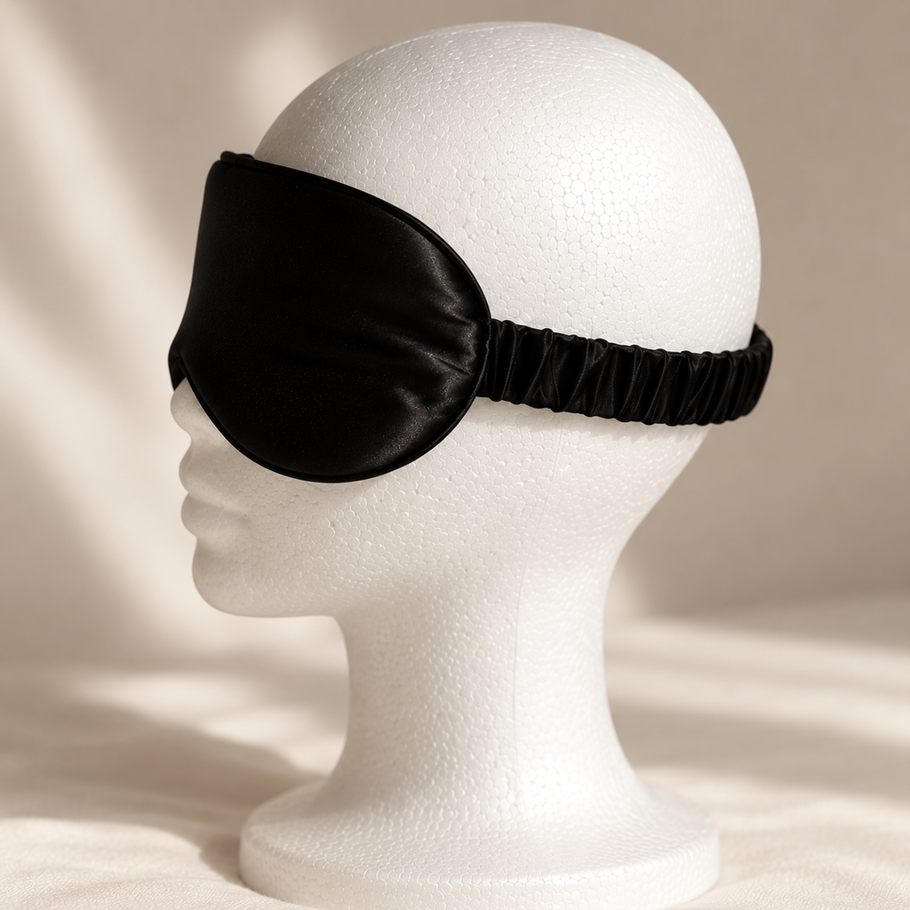 Detaljbilde av sort 3D sovemaske i 6A mulberrysilke fra Cama Reform