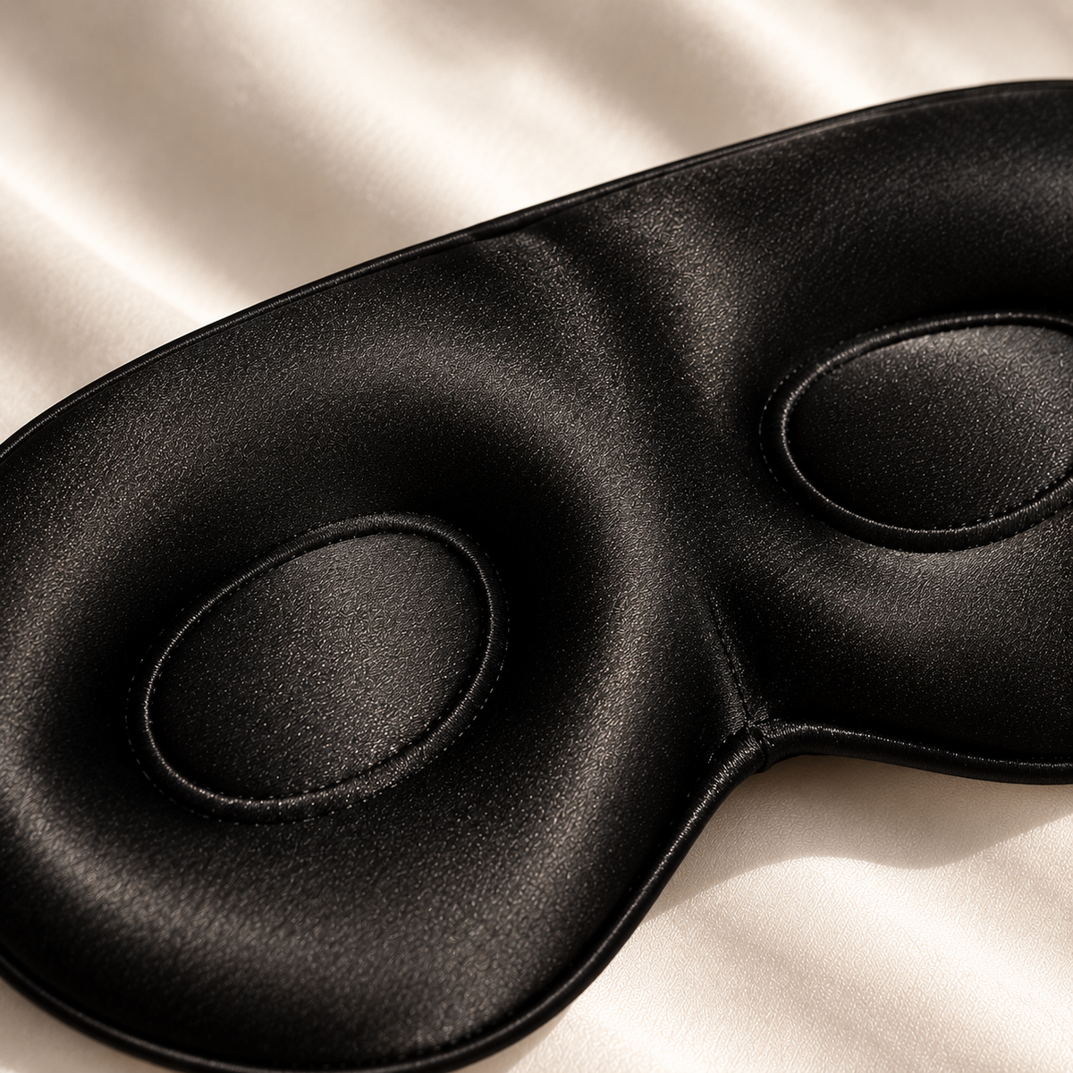 Detaljbilde av sort 3D sovemaske i 6A mulberrysilke fra Cama Reform