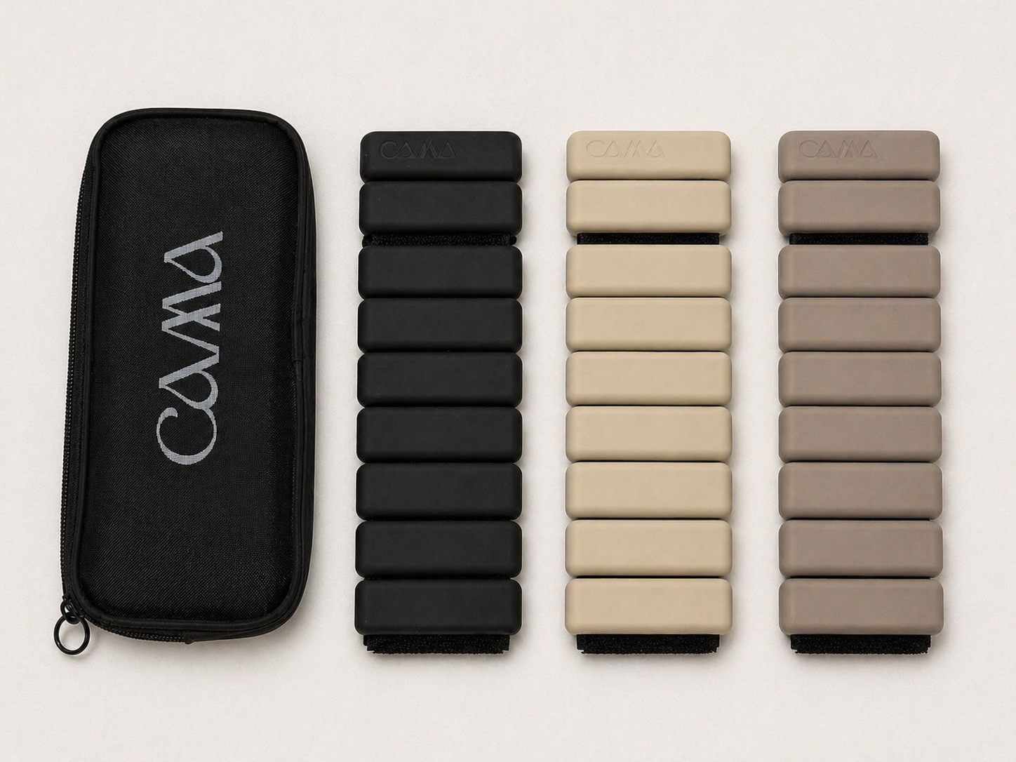Ankle and wrist weights from CAMA Reform in black, beige and taupe colorways