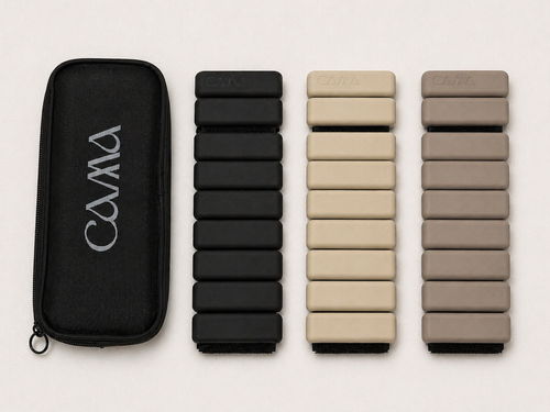 Ankle and wrist weights from CAMA Reform in black, beige and taupe colorways