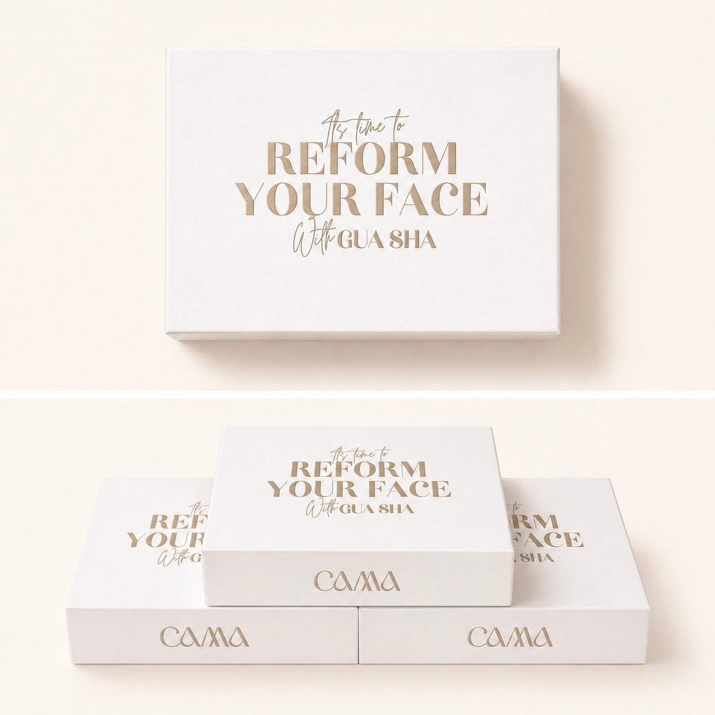 Minimal gua sha skincare set from CAMA Reform in luxury packaging