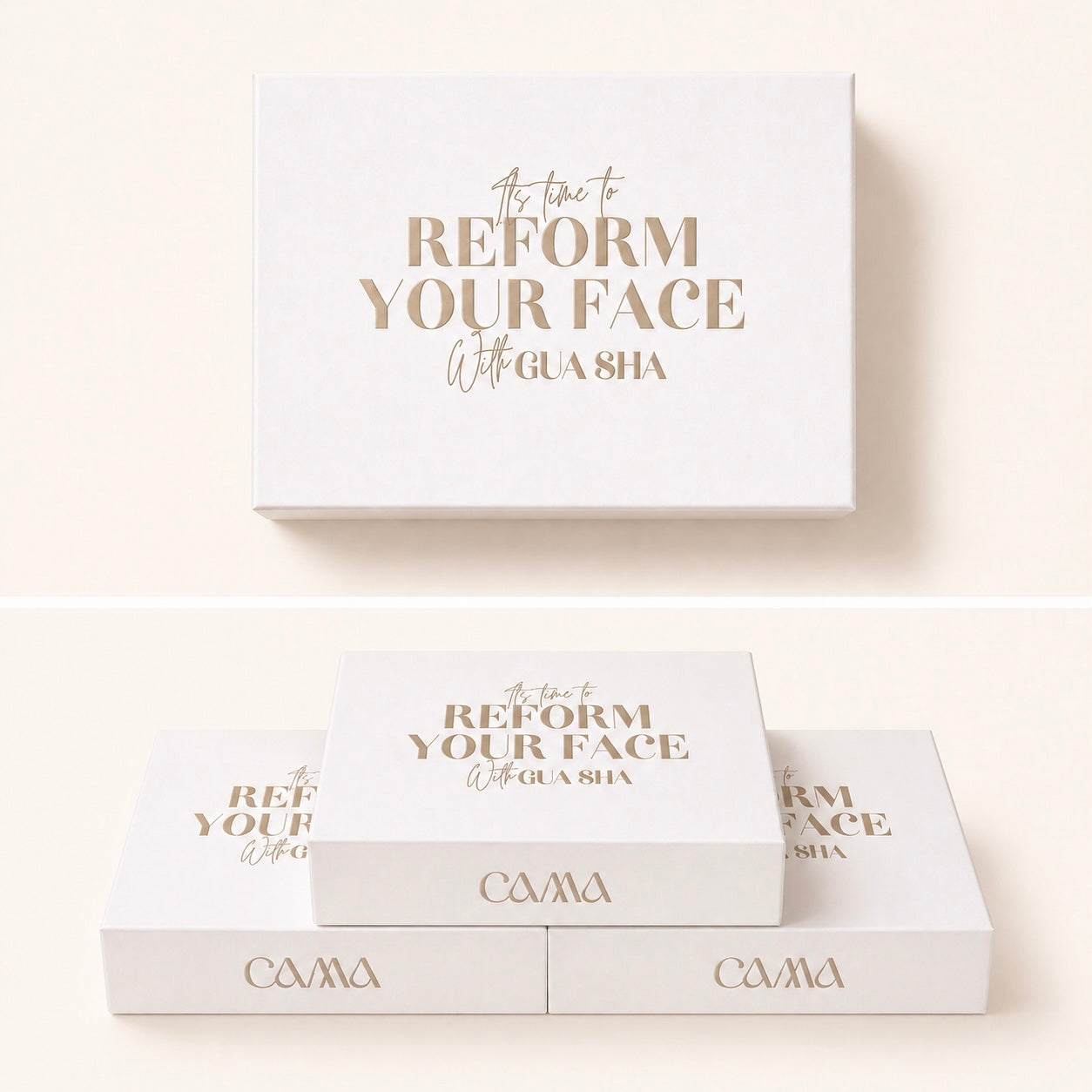 Minimal gua sha skincare set from CAMA Reform in luxury packaging