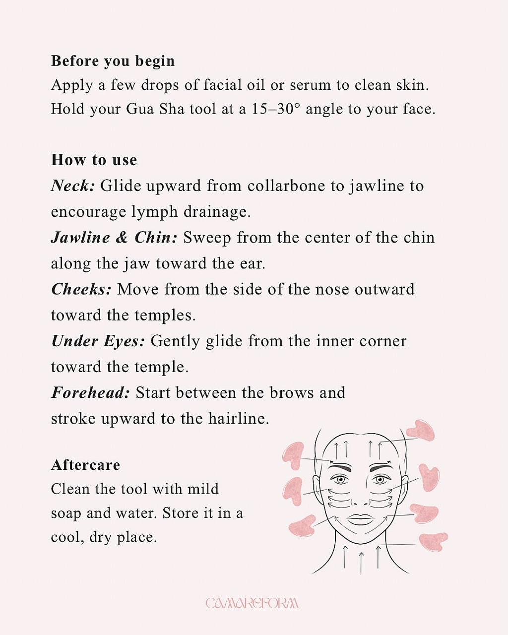 Illustrated gua sha massage instructions for facial lymphatic drainage ritual