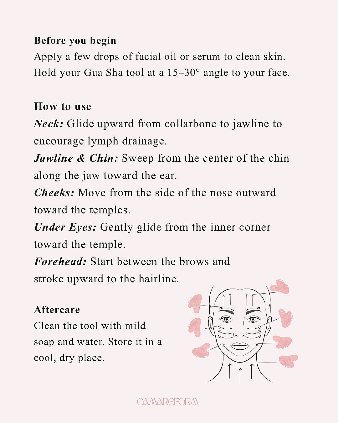 Illustrated gua sha massage instructions for facial lymphatic drainage ritual