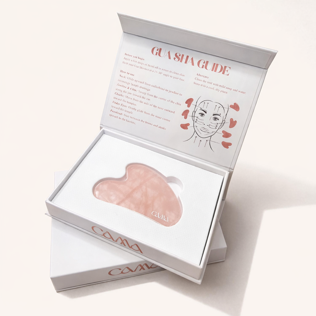 Rose quartz gua sha presented in premium CAMA Reform packaging