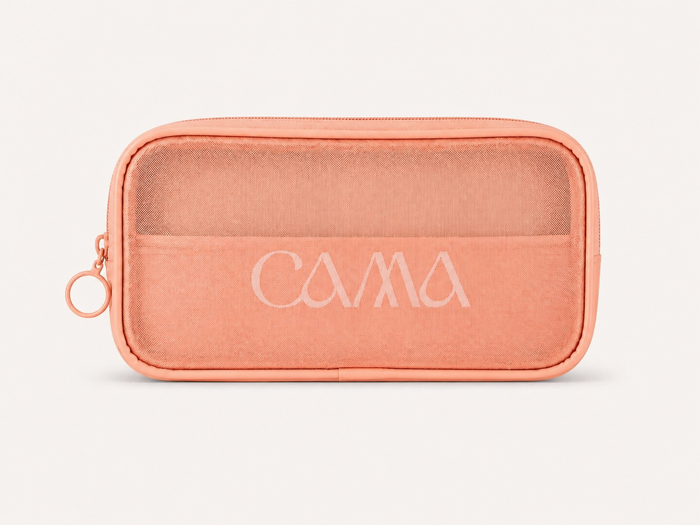 Peach mesh zip pouch from CAMA Reform for wellness and pilates essentials