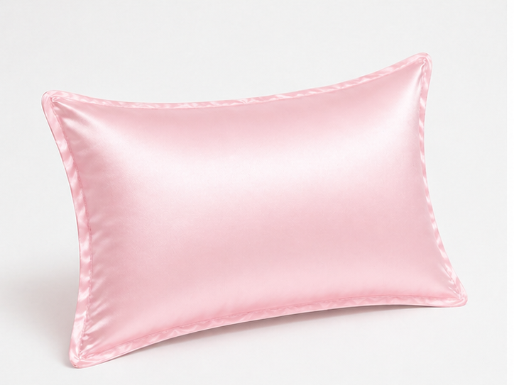 Pink mulberry silk pillowcase styled for beauty sleep ritual