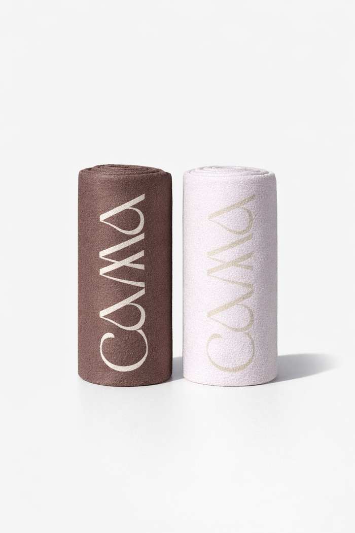 Pilates and yoga towels from CAMA Reform in brown and blush colorways