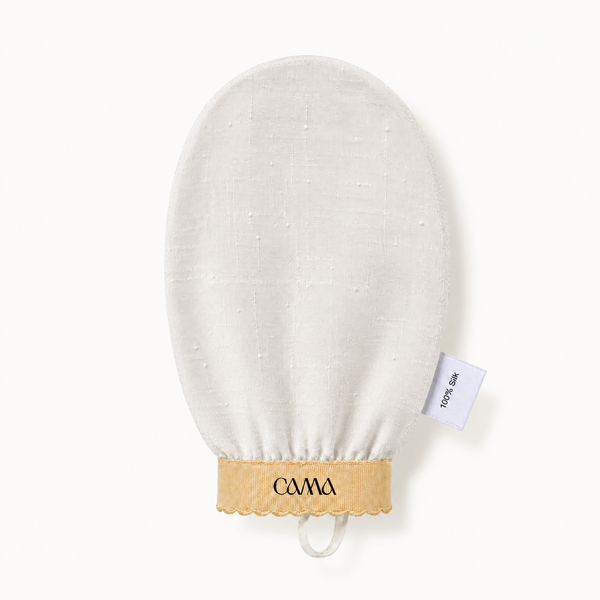 Raw silk exfoliating mitt from CAMA Reform for body exfoliation rituals