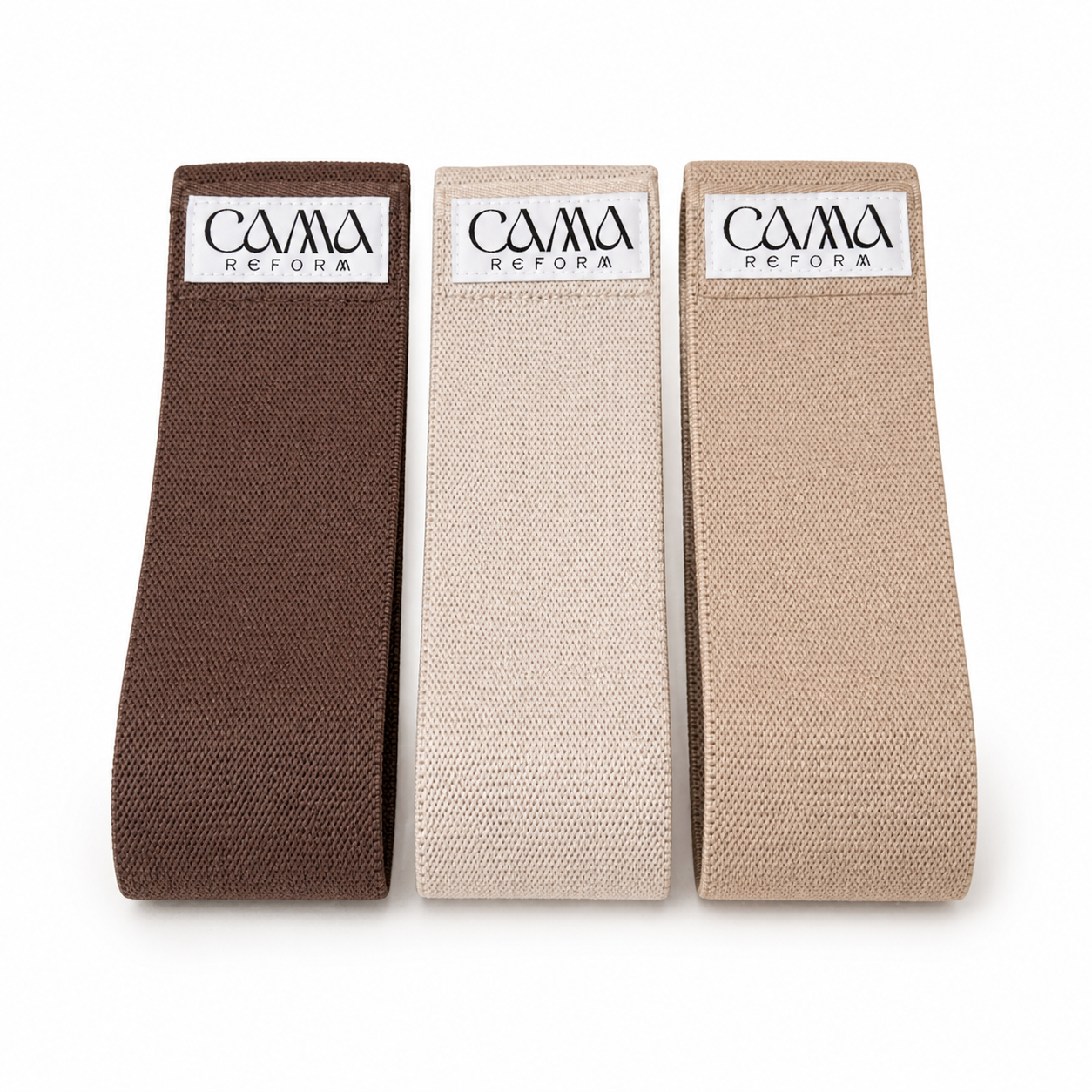 Resistance bands from CAMA Reform in brown, ivory and beige colorways