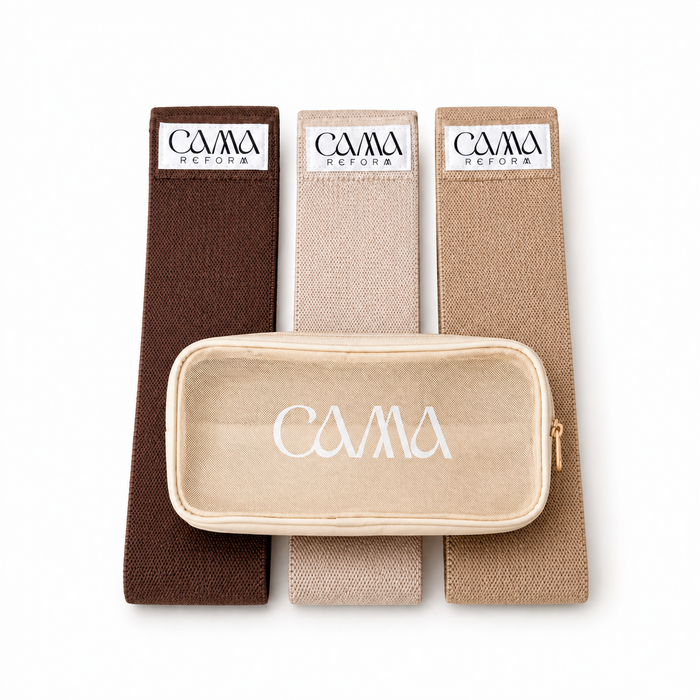 Fabric resistance bands from CAMA Reform in neutral tones with matching storage pouch