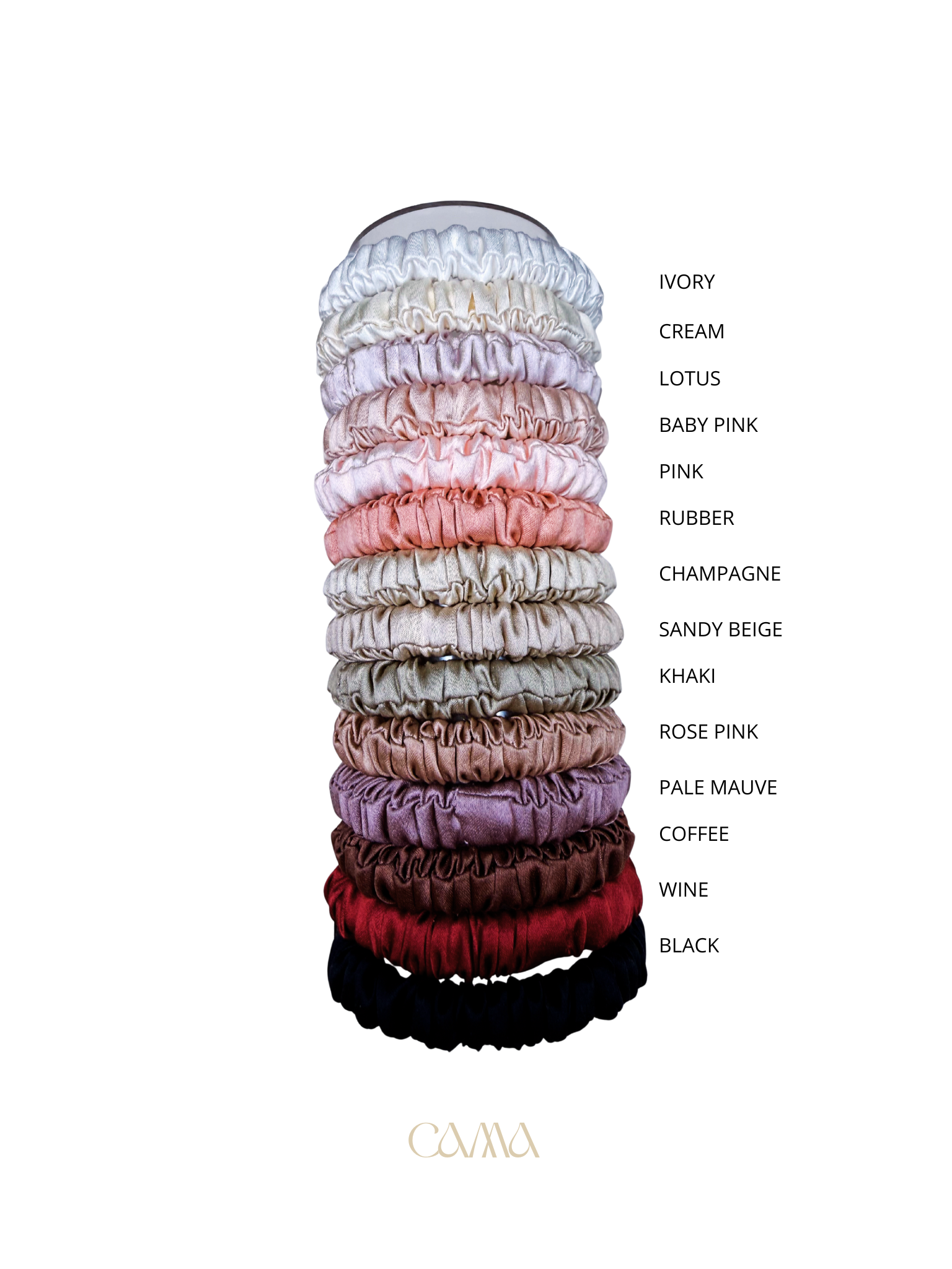 Color chart of silk scrunchies available from CAMA Reform