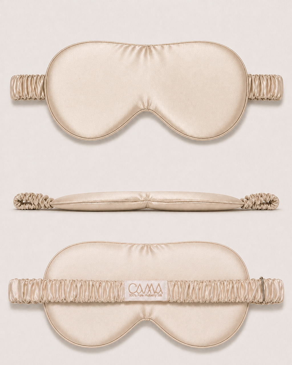 Champagne silk sleep mask shown from front and back with adjustable strap