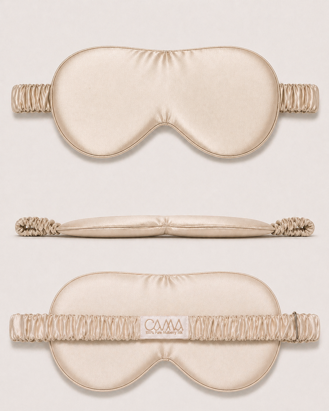 Champagne silk sleep mask shown from front and back with adjustable strap