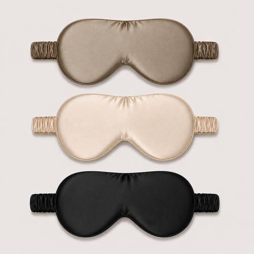 Mulberry silk sleep masks from CAMA Reform in champagne, taupe and black colorways